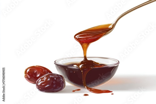 Date syrup poured from spoon into bowl