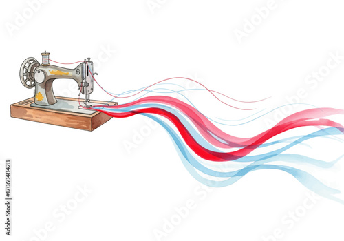 Sewing Machine Creating Red and Blue Wavy Threads - Illustration