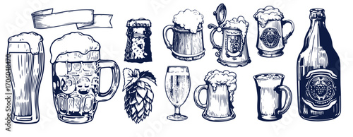 Beer brewery icons collection. Glasses, bottle, barrel hand drawn elements for pub, bar menu. Vector sketch illustration