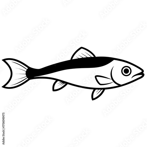 A simple black and white illustration of a fish in silhouette style