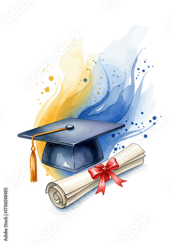 Artistic watercolor depiction of a graduation cap and diploma, representing academic achievement, educational success, and the culmination of a learning journey