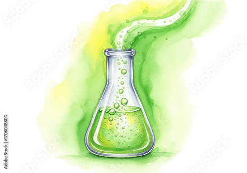 Artistic watercolor illustration of a chemical flask with a bubbling green liquid, symbolizing a scientific experiment or discovery