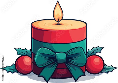 A single Christmas candle with a red ribbon glows, its warm flame a festive decoration