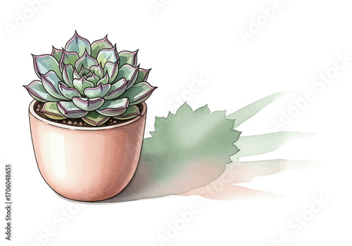Vibrant botanical illustration of a beautiful Echeveria succulent plant in a simple pink pot, isolated on a white background