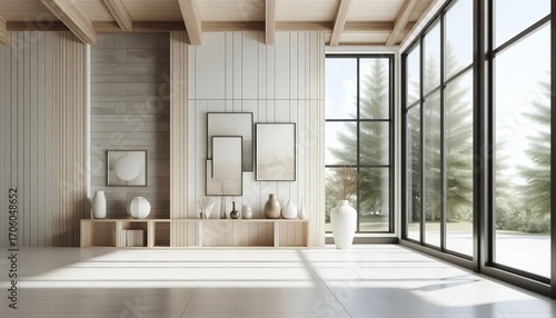 Modern scandinavian living room interior with large windows and natural light, minimalist decor, and wooden ceiling beams