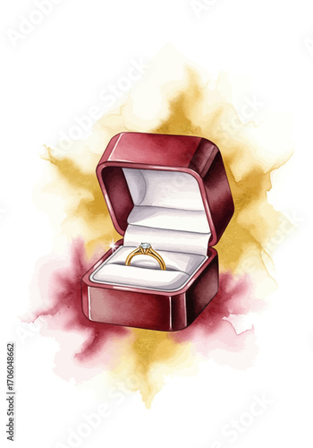 Romantic proposal concept with a sparkling diamond ring in an open red jewelry case, painted in a beautiful watercolor style