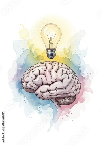 Conceptual watercolor illustration of a human brain generating a bright idea, symbolized by a glowing lightbulb, representing creativity and innovation