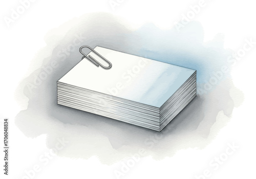 Artistic watercolor illustration of a stack of blank white index cards fastened with a silver paperclip for business or study notes