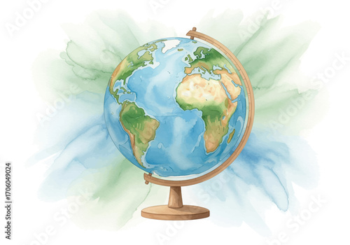 Artistic watercolor painting of planet Earth on a desktop globe, symbolizing travel, geography, and global connection