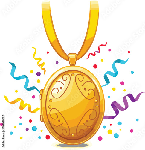 Festive Gold Locket with Gift Wrap and Confetti – Vector Art