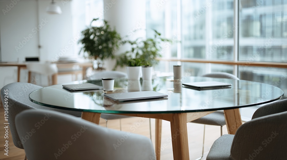 Fototapeta premium Tactile Hardwood Dining Composition Illuminated by Aurora Glow – Immersive Interior Visual for Sustainable Design and Digital Wellness Branding