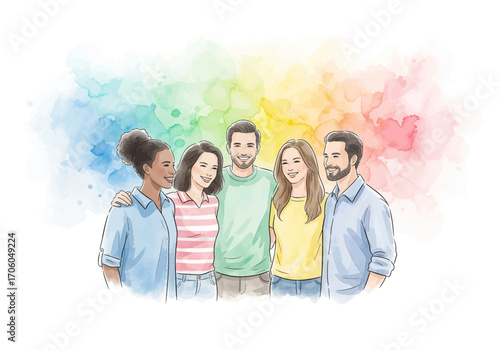Joyful multicultural friends group hug, a beautiful watercolor illustration representing the concept of togetherness, diversity, and support