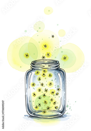 Whimsical watercolor illustration of a glass jar releasing glowing fireflies, capturing the magic of a warm summer night