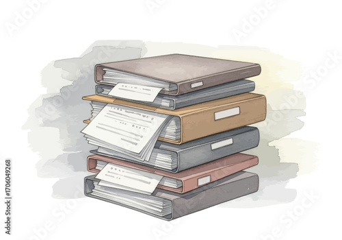 Watercolor illustration of a large stack of office binders filled with documents and paperwork, representing organization and bureaucracy