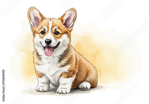A charming and cheerful illustration of a cute Pembroke Welsh Corgi puppy sitting happily with its tongue out, created in a soft watercolor style