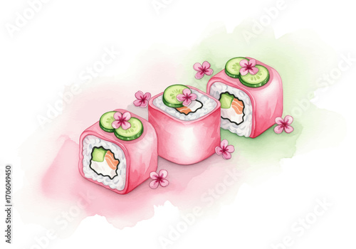 A delicate watercolor illustration of three pink sushi maki rolls with salmon and cream cheese, garnished with cucumber slices and sakura flowers