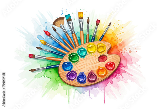 A colorful explosion of creativity featuring a painter's essential tools, a wooden palette and brushes, set against a vibrant watercolor background