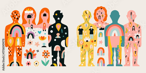 Diverse group of people with colorful abstract patterns and symbols representing individuality and connection