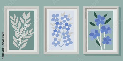 Three framed botanical prints with blue flowers and leaves in a minimalist abstract style