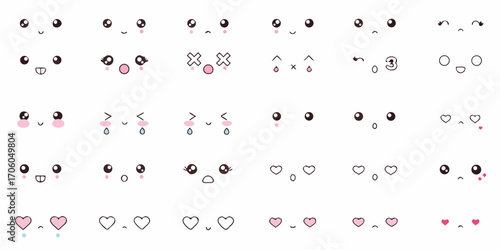 Collection of cute kawaii cartoon faces and emotions for design and illustration