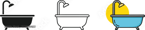 Bathtub Icons Silhouette, Outline, and Color Versions on White Background