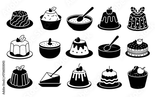 Vector art of black and white vector icons of various puddings