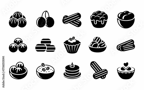 Vector art of black and white vector icons of various desserts