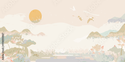 Tranquil asian landscape with mountains lotus flowers a serene lake and birds flying under a soft sun