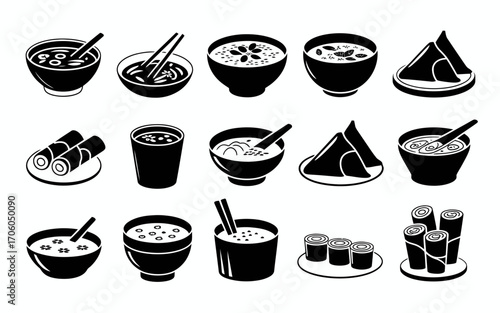 Vector art of black and white vector illustration of asian food