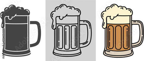 Beer Mug Set Silhouette, Outline, and Color Graphics with Transparent Background