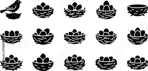 Bird Icon Standing on Nest with Eggs in a Variety of Nests on Transparent