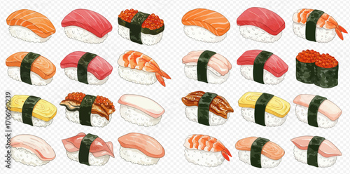 An assortment of nigiri sushi pieces, featuring various toppings like salmon, tuna, shrimp, egg, and roe, arranged on a subtle background.