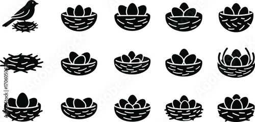 Bird on Nest, Black Silhouette Icons of Empty and Full Bird Nests White Background