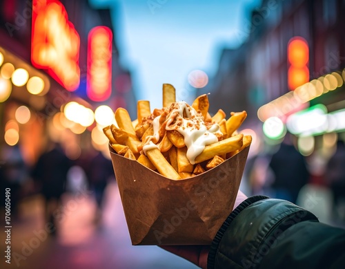 Handheld french fries in paper cone, city lights background