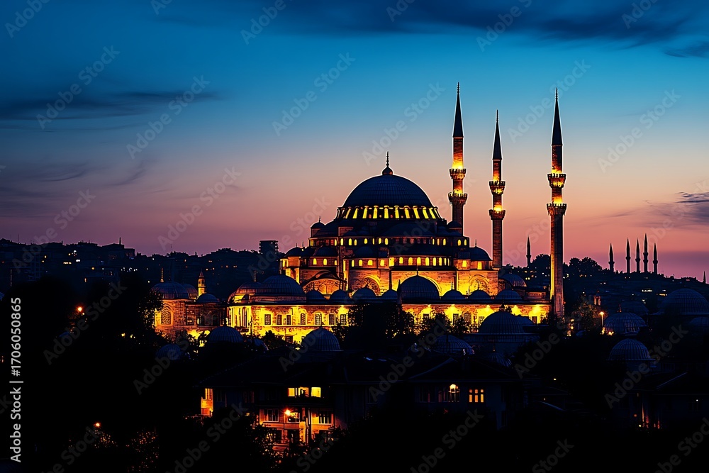 Fototapeta premium Lit Up Mosque with Minarets at Twilight in Istanbul, Turkey Architecture