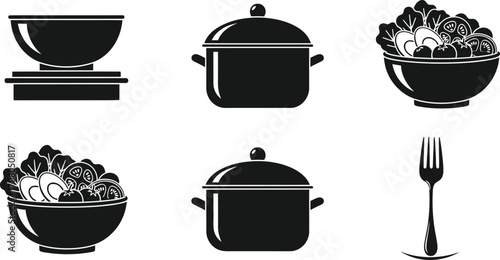 Black Silhouette Kitchen Utensils Set with Bowl, Pot, Salad and Fork on White