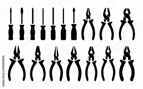 Vector art of collection of black silhouette pliers and screwdrivers