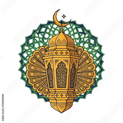 Illustration of a golden lantern with a crescent moon on top, set against a green and blue geometric patterned background, symbolizing Ramadan or Islamic culture.