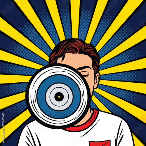 Pop art illustration of a man holding a blue and white circular target or vinyl record in front of his face.
