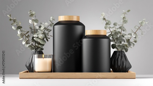 Wallpaper Mural Black containers with wood lids sit on a tray with a candle and eucalyptus sprigs against a gray background Torontodigital.ca