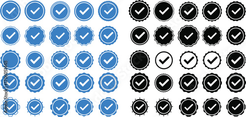 Blue Check Mark Icon Collection, Circular Design Variety, Approval Symbol, Verification