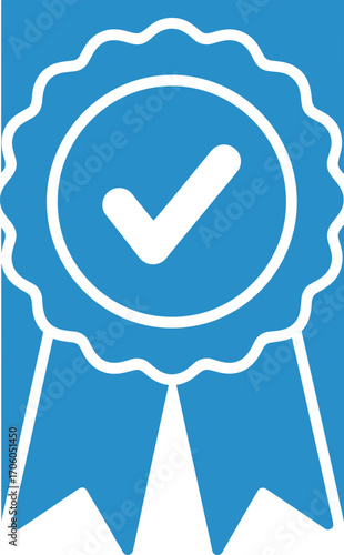 Blue badge with white checkmark, ribbons icon symbol guarantee approval