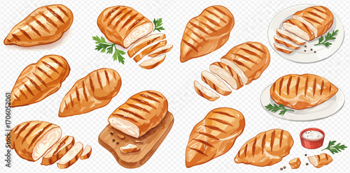 Illustrative collection of grilled chicken breasts, whole and sliced, featuring distinct grill marks and fresh garnishes.