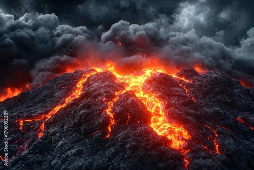 Wallpaper Mural A dramatic scene of molten lava flowing from a volcanic eruption, surrounded by dark, ominous clouds. Torontodigital.ca