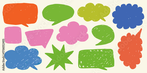 Collection of hand drawn colorful speech bubbles and thought clouds in various shapes and sizes
