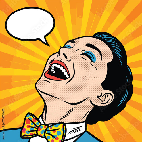 Pop Art illustration of a man in a colorful bow tie laughing hysterically.