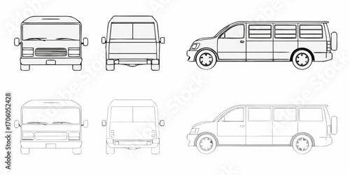 Set of line art vehicle illustrations showing front back and side views of vans and minibuses
