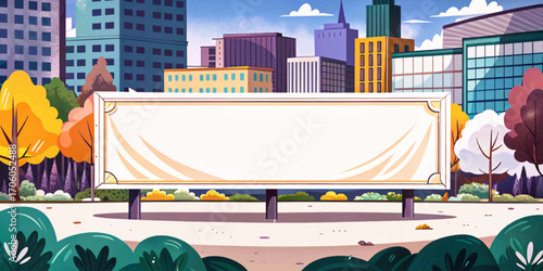 Large white promotional banner in city park with modern buildings, natural mockup background, outdoor placement, creative design, minimal solitude surface, rustic scenic object, environment element