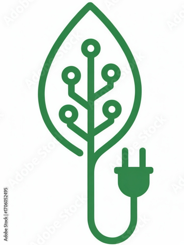 Minimalistische grüne Vektorillustration – Blatt mit Stromstecker als Symbol für nachhaltige Energie