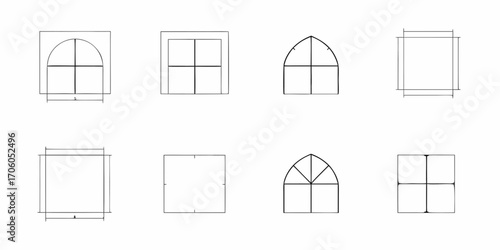 Collection of architectural window designs and technical drawings with measurements